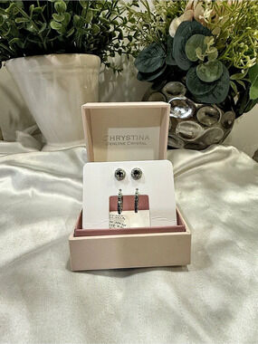 Christina Greene Crystal Drop Hoop Earrings in Black & Silver NWT